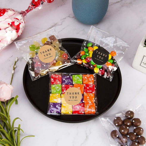 400PCS White Polka Dot Treat Bags Set Self Adhesive Candy Cookie Bags Set, 200 Cellophane Bags + 200 Thank You Sticker for Bakery Biscuit Chocolat...
