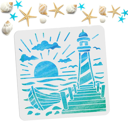 Lighthouse Stencils 11.8 x 11.8 Inch Sea Ocean Nautical Sailboat Stencils Reusable PET Summer Clouds Sun SeagullsStencils for Painting on Walls, A...