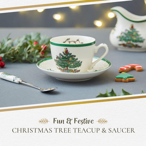 Spode Christmas Tree Teacup & Saucer Set - 7 Oz Earthenware Cup for Tea, Coffee, Cappuccino, Espresso - Holly & Mistletoe Holiday Accents - Holida...