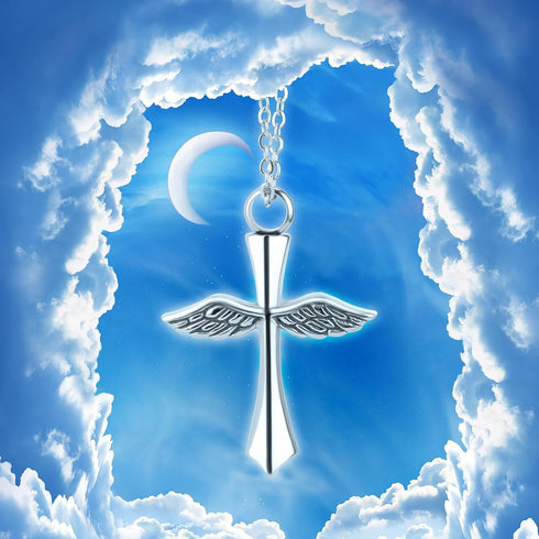 Cross Pendant for Car Rear View Mirror Decor Hanging Ornament Stainless Steel Angel Wings Cross Necklace Amulet Jewelry Men Boys Christian Gift...