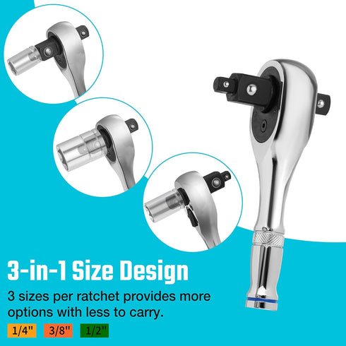DURATECH Stubby Ratchet Set, 3-IN-1 Ratchet Handle, with 2 Extension Bars, 1/4", 3/8", 1/2" Drive Ratchet Wrench, 72-Tooth, Reversible Switch, Ful...