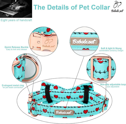Valentine's Day Dog Collar with Bow Tie,Green Love Heart Signal Male Dog Collar with Safety Metal Buckle Adjustable Puppy Collars for Small Medium...