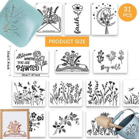 31PCS Flower Stencils for Painting Large Reusable Stencil Floral Bouquet Template Paint for Garden Outdoor Indoor Painting on Wood Wall Home Sign ...