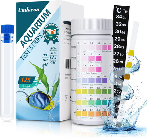 7 in 1 Aquarium Test Kit for Freshwater and Saltwater - 125 Aquarium Test Strips with Test Tube & Thermometer - Fast & Accurate Water Testing Stri...