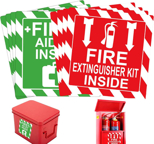 Green First Aid Kit Inside Red Fire Extinguisher Inside Stickers 4 Inch Safety Sign-Adhesive First Aid Kit Sign Decals UV Resistant 8 Pcs Industri...