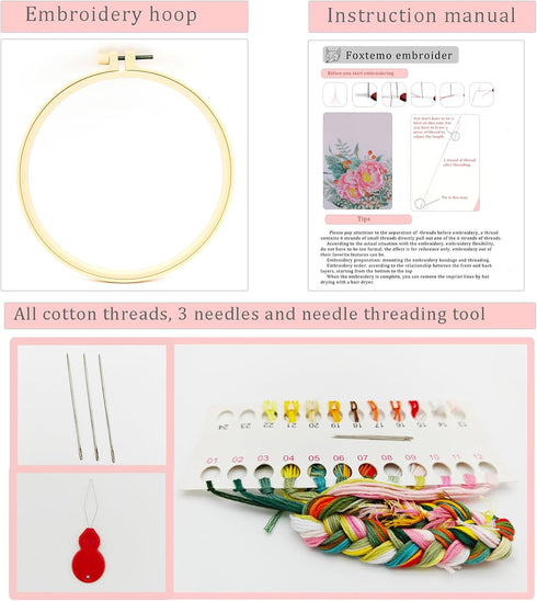 FOXTEMO Embroidery Kit for Beginners Adults, 1 Pack 20CM Embroidery Hoops, Flowers Embroidery Pattern Beginner Embroidery Kit with Needles and Thr...