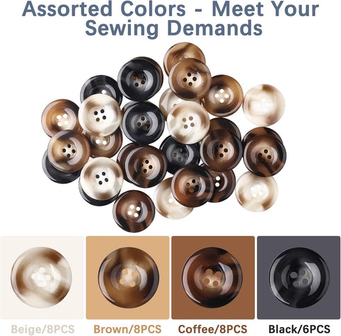 30 PCS Resin Sewing Buttons, 25mm/1 inch Round Bulk Buttons for Sewing, with 4 Matte Pattern Size 4 Holes, for Sewing DIY Crafts, Manual Button Pa...