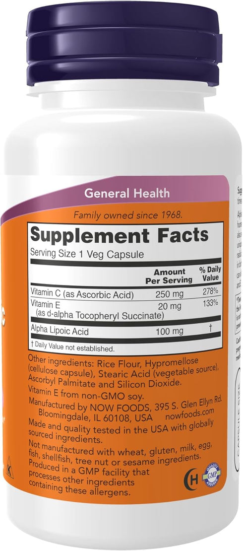 NOW Supplements, Alpha Lipoic Acid 100 mg with Vitamins C & E, Free Radical Scavenger*, 60 Veg Capsules...