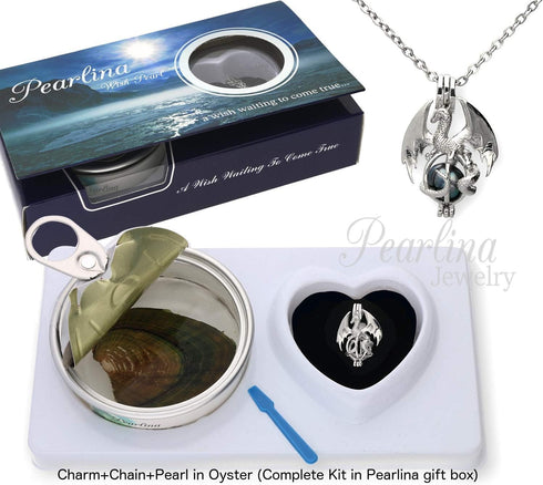 Pearlina Dragon Cultured Pearl in Oyster Necklace Set Silver-tone Cage w/Stainless Steel Chain 18"...