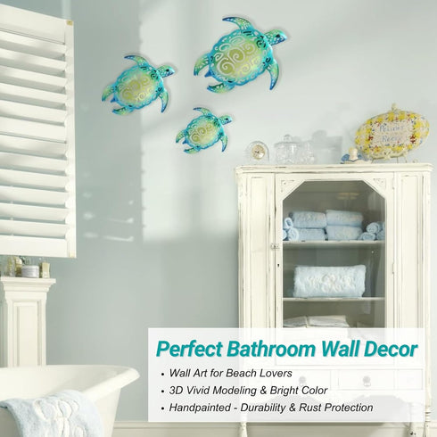 YOUIN Set of 3 Metal Sea Turtle Beach Theme Decor Wall Art Decorations for Indoor Outdoor Bathroom Garden...