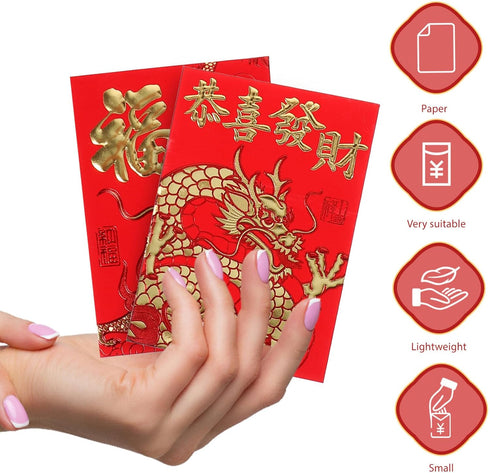 60pcs Red Envelopes 2024 Dragon Chinese New Year Money Pockets Lucky Hong Bao Money Envelopes Cash Packets for New Year Spring Festival Weeding...