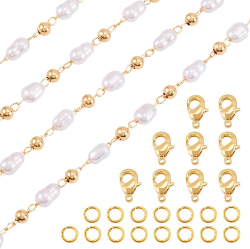 Magibeads 1 Yard Imitation Pearl Chain Belt 4.5-5mm Faux Pearl Brass Chain Golden Jewelry Making Chain with Jump Rings Lobster Clasps for Necklace...