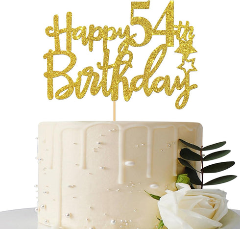 Gold Glitter Happy 54th Birthday Cake Topper - 54 Sign Cake Topper - Cheers to 54 Years Party Supplies - 54th Birthday Party Decoration...