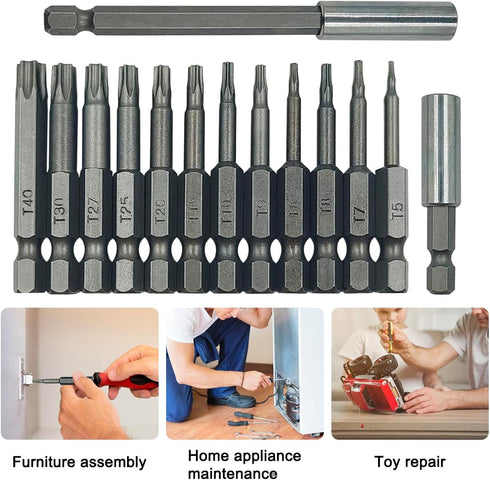 12 Pcs Torx Head Screwdriver Bit Set + 2 Sizes Magnetic Drill Bit Extension Holder, 1/4" Hex Shank S2 Security Tamper Proof Screw Driver Kit Tools...