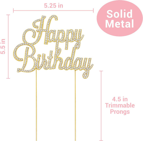Happy Birthday Cake Topper - Premium Gold Metal - Happy Birthday Party Sparkly Rhinestone Decoration Makes a Great Centerpiece - Now Protected in ...