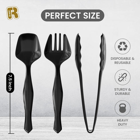 18 Pcs Black Plastic Serving Utensils - 6 Black Plastic Serving Spoons - 6 Black Plastic Tongs For Serving - 6 Plastic Serving Forks - Heavy Duty ...