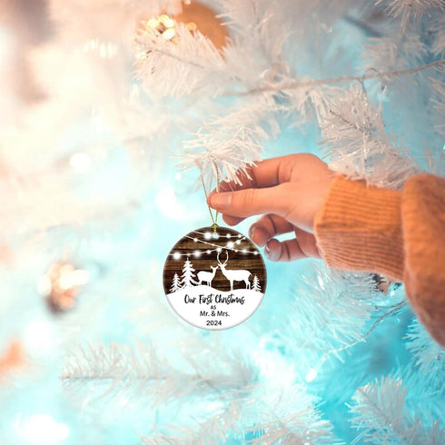 Our First Christmas as Mr & Mrs Deer Christmas 2024 Tree Ornament - Couple Newlywed (White and Brown)...