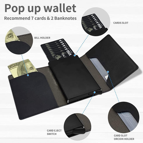 Credit Card Holder Aluminum Auto Pop Up Wallet Case,Leather Card Case Front Pocket Trifold Wallet with RFID Blocking Banknote Slot Thin Wallets fo...