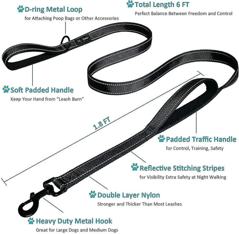 Dog Leash 6ft Long - Traffic Padded Two Handle - Heavy Duty - Double Handles Lead for Training Control - 2 Handle Nylon Leashes for Large Dogs or ...