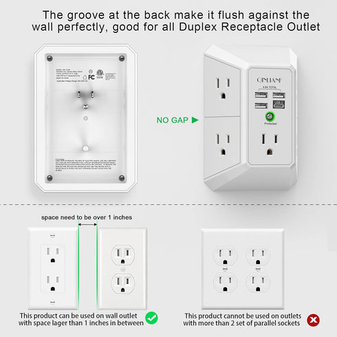 Wall Charger, Surge Protector, QINLIANF 5 Outlet Extender with 4 USB Charging Ports (4.8A Total) 3-Sided 1680J Power Strip Multi Plug Adapter Spac...