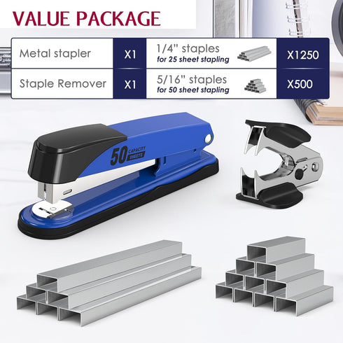 Metal Stapler Heavy Duty 50 Sheet Capacity with 1750 Staples and Staple Remover, Blue Stapler Full Strip Staplers for Desk, No Jam, Non-slip Offic...