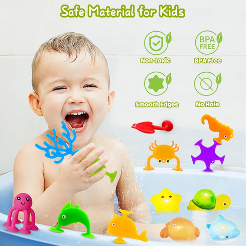 Baby Bath Toys for Kids Ages 1-3, 9 Pcs Sensory Suction Cup Toys+4 Pcs Light Up Floating Ocean Animal Bathtub Toy Set for Babies 6-12 Months, Todd...
