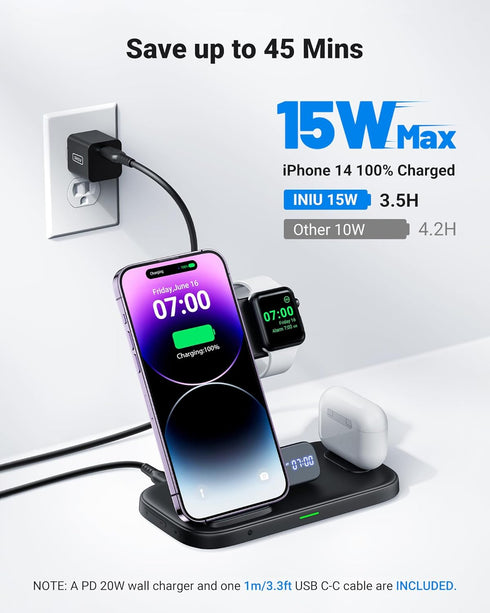 INIU 3 in 1 Wireless Charging Station, 15W Fast Qi-Certified Phone Wireless Charger Stand Dock for Apple Watch Series 8 7 6 5 4 3 SE Ultra, iPhone...
