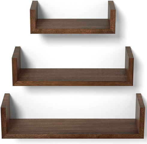 SRIWATANA Floating Shelves Wall Mounted, Solid Wood Wall Shelves Set of 3, Dark Brown…...