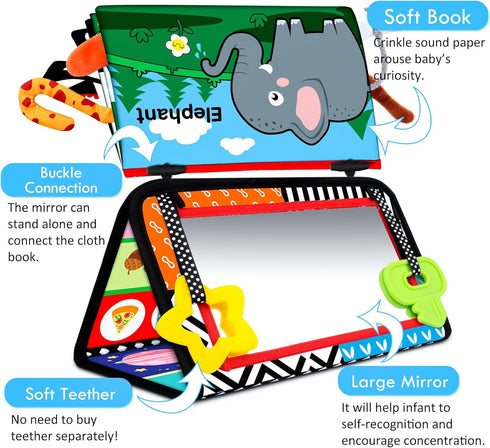Tummy Time Baby Mirror Toys 0-6 6-12 Months High Contrast Infant Toys Brain Development with Crinkle Cloth Book and Teether - Montessori Newborn S...