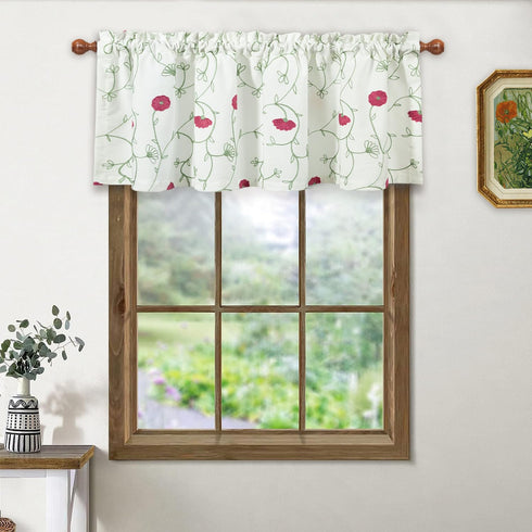 VOGOL White Valances for Small Windows Flowers Embroidered Window Valances for Kitchen Living Room, Rod Pocket, 52 x 18 Inches, Red Flowers, One P...