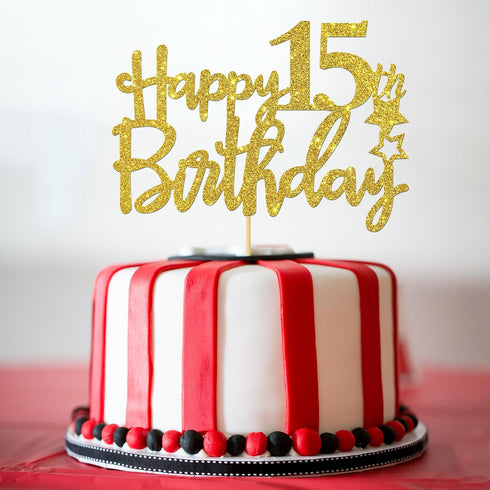 Gold Glitter Happy 15th Birthday Cake Topper - 15 Sign Cake Topper - Cheers to 15 Years Party Supplies - 15th Birthday Party Decoration...