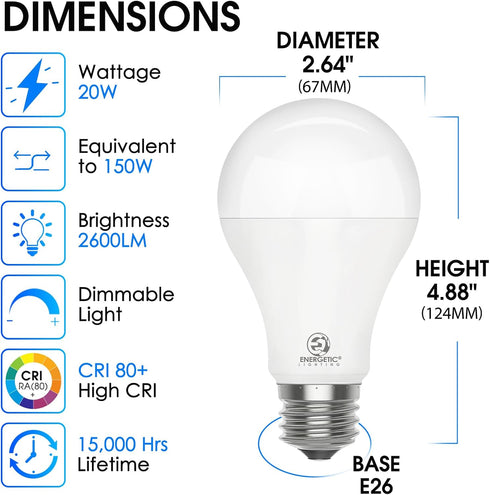 E ENERGETIC LIGHTING 4 Pack Dimmable A21 LED Bulb, 150 Watt Equivalent, Daylight 5000K, 2600LM Super Bright Light Bulbs, E26 Standard Base, Damp R...