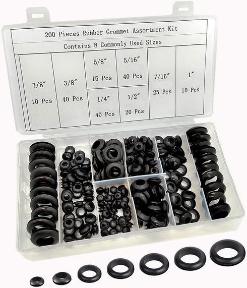 200Pcs Rubber Grommet Assortment Kit, 8 Sizes Rubber Grommets for Wiring Automotive,Plumbing, Hardware Repair Firewall Hole Plug Electrical Wire G...