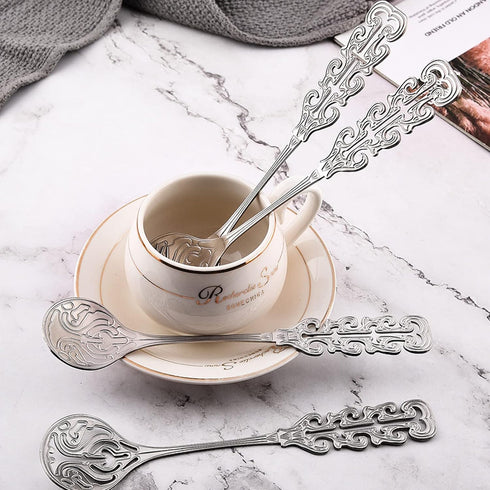 6Pcs Vintage Coffee Spoons 18/10(304) Stainless Steel Sugar Stirring Spoon Retro Royal Style Teaspoon with Slotted Design for Dessert Ice Cream Mi...