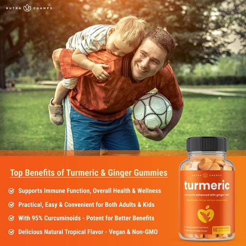 Turmeric Gummies for Adults & Kids with Ginger & Black Pepper Extract | 95% Curcuminoids | Vegan Natural Curcumin Joint Support | 120 Tumeric Gumm...