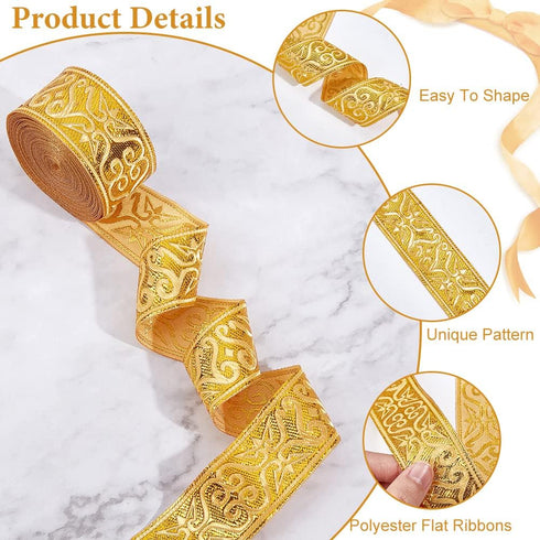 NBEADS 7.7 Yards Gold Jacquard Ribbon Trim, 1-1/4 Inch Wide Boho Woven Trim Ethnic Floral Ribbon Embroidery Polyester Flat Ribbon for DIY Craft Cl...
