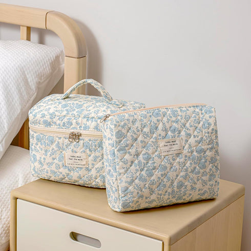 2 Pcs Large Quilted Makeup Bag, Cotton Quilted Toiletry Bag for Women,Floral Coquette Makeup Bag,Cute Kawaii Travel Cosmetic Bags(03Lightblue Flow...