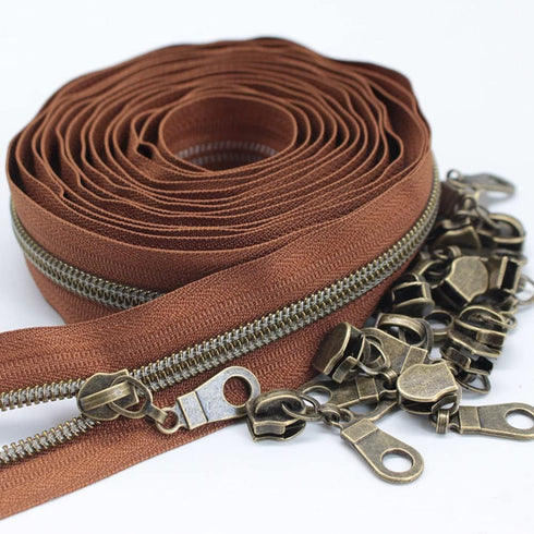 MebuZip #5 Antique Brass Metallic Nylon Coil Zippers by The Yard Bulk Coil Zipper Roll 10 Yards with 25pcs Pulls for DIY Sewing Craft Bags (Brown)...
