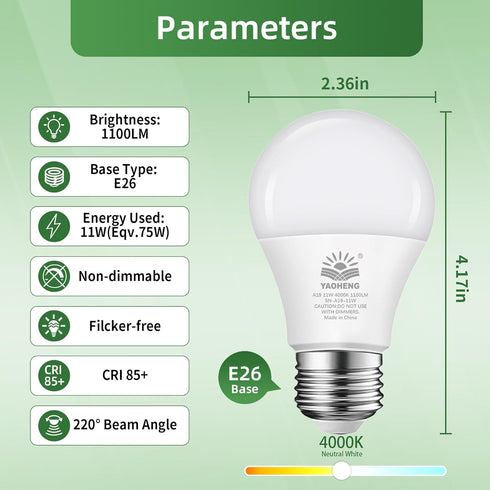 A19 LED Light Bulb, 75W Equivalent LED Bulb, 11W 4000K Neutral White, 1100 Lumens, Non-Dimmable Light Bulbs, CRI 85+, No Flicker E26 Base Bulbs fo...