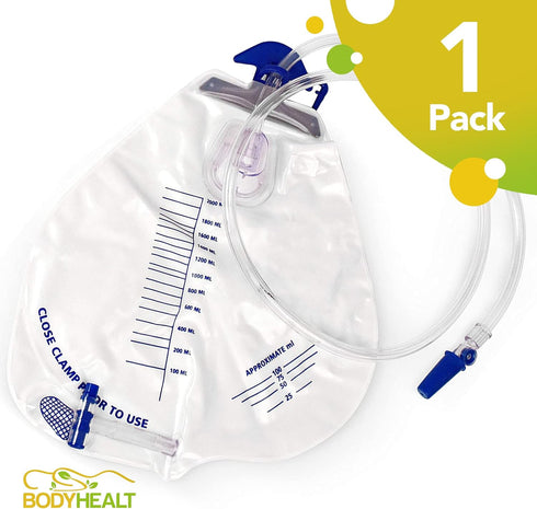 BodyHealt Foley Catheter Bag - Urinary Drainage Bag with Anti-Reflux Chamber - Urine Bag with 2000 mL Volume, 48" Drainage Tube - Catheter Bags fo...