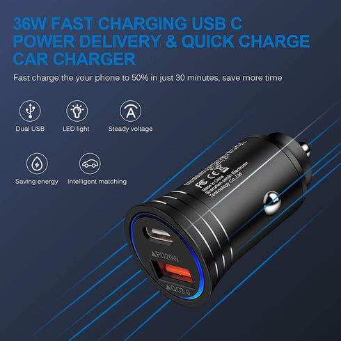 USB C Car Charger, 38W Fast Charge Car Charger Adapter PD&QC 3.0 Dual Port Cigarette Lighter USB Plug for iPhone 15 14 13 12 11 Pro Max/Mini SE 10...