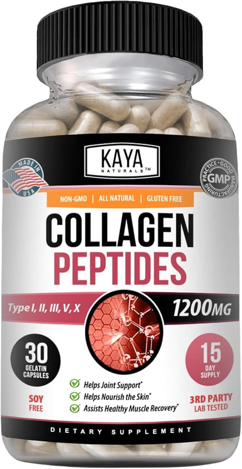 Kaya Naturals Multi Collagen Peptides Complex Powder for Women and Man, Vital for Hair, Skin, Nails, and Anti-Aging, Types I, II, III, V & X Colla...