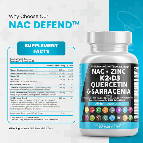 Clean Nutraceuticals NAC Supplement N-Acetyl Cysteine 1000mg Vitamin D3 K2 Zinc Quercetin 1000mg Sarracenia Purpurea 1000mg with Elderberry Holy B...