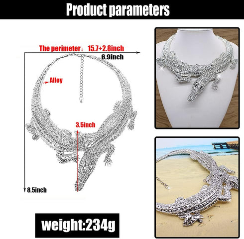 Retro Ethnic Crystal Double Gator Chunky Bib Collar Choker Necklace Gothic Stylish Exaggerated Fashion Animal Statement Necklace Jewelry For Women...