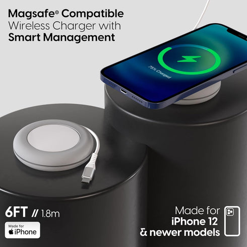 TALK WORKS 15W Wireless Charging Cable Compatible w MagSafe for iPhone 15,14,13,12-Smart Management Cord Holder-6ft Gray Cable W Compact Cord Orga...