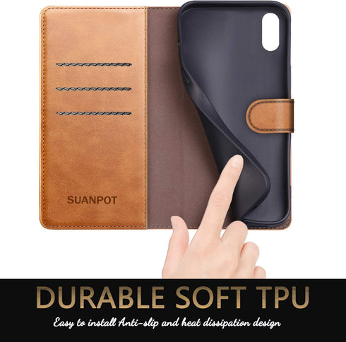 SUANPOT for iPhone X/XS 5.8" RFID Leather Wallet Case, Shockproof Flip Folio Cover, Card Holder - Light Brown...