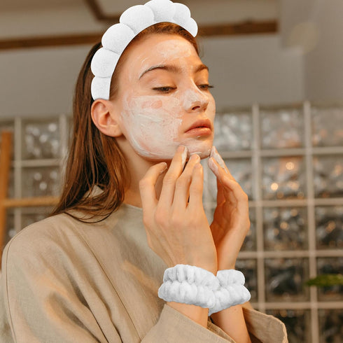 3 PCS Sponge Spa Headband Puffy Spa Headband with Wrist Washband Face Wash Set, Terry Towel Cloth Fabric Head Band for Skincare Makeup Headband an...