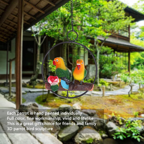 Hanging Parrot Sculpture, Parrot Statue On Metal Ring Garden Bird Hanging Chain Statue Decor for Patio Home Garden...