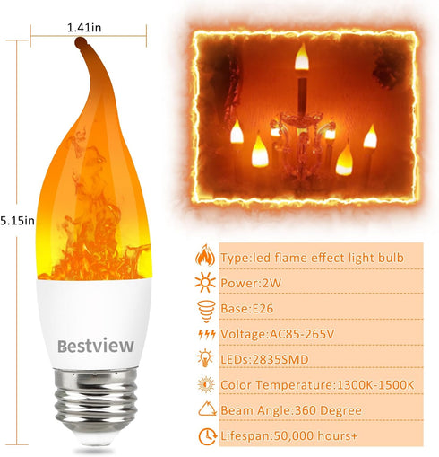 Bestview LED Flame Effect Light Bulbs,3 Modes Smart E26 Chandelier Base Flickering Candle Fire Light Bulb for Halloween, Christmas, Party, Porch, ...