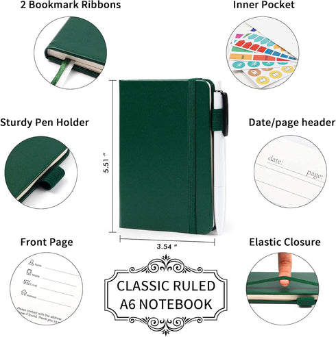 feela 3 Pack Pocket Notebook Journals with 3 Black Pens, A6 Mini Cute Small Journal Notebook Bulk Hardcover College Ruled Notepad with Pen Holder ...